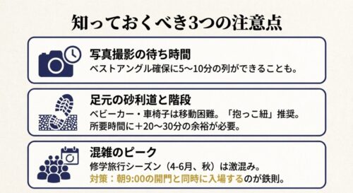 金閣寺観光の注意点を示す3つのアイコン。写真撮影の待ち時間、砂利道対策が必要な足元、修学旅行シーズンの混雑ピークについての警告内容がまとめられている。