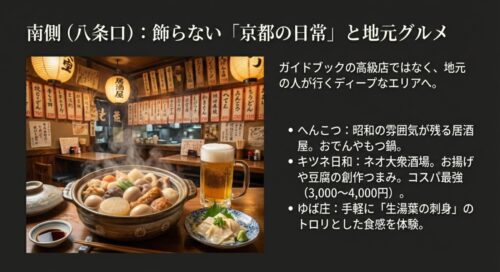 湯気が出ているおでんとビールの写真。「へんこつ」や「キツネ日和」など、飾らない京都の日常を楽しめるコスパ最強のお店のリスト。
