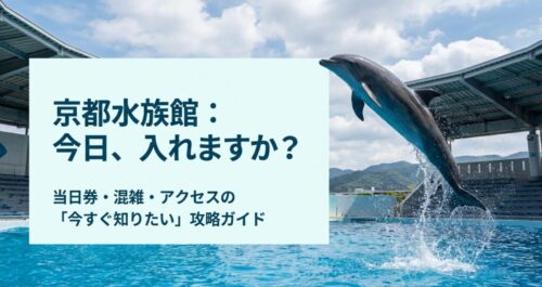 京都水族館のペンギンやイルカのイラストと共に「今日、入れますか？」「当日券・混雑・アクセスの今すぐ知りたい攻略ガイド」と書かれた表紙スライド。
