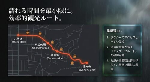 八坂通から清水寺へ向かう効率的な観光ルートマップと推奨理由をまとめたスライド