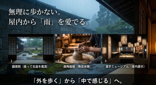 圓徳院や森陶器館など、雨に濡れずに京都の風情を楽しめる屋内施設を紹介したスライド