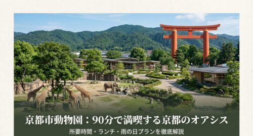 鮮やかな赤色の平安神宮大鳥居を背景に、緑豊かな京都市動物園のランドスケープが広がる様子