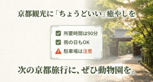 雨の日もOK、所要時間は90分、駐車場には注意という3つの重要ポイントをまとめた、次の京都旅行を促すメッセージスライド