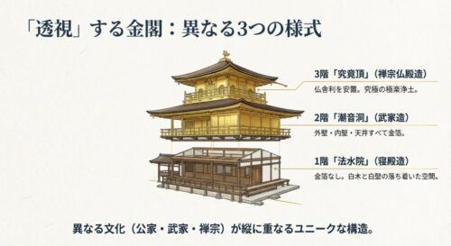 金閣寺の断面図イラスト。1階の寝殿造、2階の武家造、3階の禅宗仏殿造という異なる様式が重なっている構造を解説している。