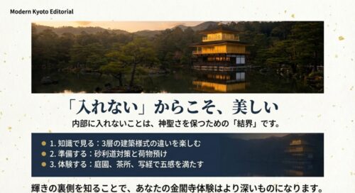 記事の結論まとめ。「知識で見る」「準備する」「体験する」という3つのポイントで、金閣寺体験を深める方法をリストアップしている。