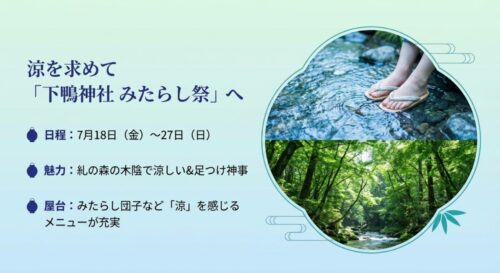 下鴨神社の清流に足を浸す足つけ神事と、新緑の糺の森の写真。「涼を求めて」というキャッチコピーと共に、7月18日から27日の日程や、涼を感じる屋台メニューについて記載されている 。