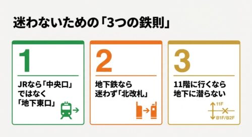 1.JRは地下東口、2.地下鉄は北改札、3.11階へは地下に潜らない、という3つのポイントをまとめたスライド。