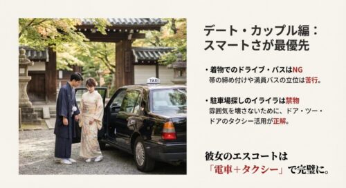 着物姿のカップルがタクシーを利用する様子。着物でのバス移動の苦行や、ドライブデートの駐車場探しリスクを避けるべき理由。
