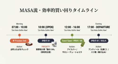 朝7時のプレシャスデリから始まり、伊勢丹開店、午後のカフェタイム、夕方の改札内購入までを時系列で示した効率的な買い回りチャート。