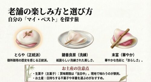 とらや(正統派)、鍵善良房(洗練)、末富(華やか)の3店舗の特徴比較と、生菓子やお土産を選ぶ際の賞味期限の注意点をまとめたスライド。3種類の異なる葩餅のイラスト入り。