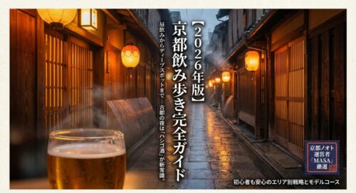 京都の夜のネオンや提灯を背景にした、2026年版京都飲み歩き完全ガイドのタイトルスライド。