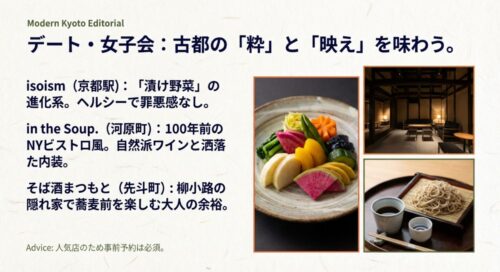 彩り豊かな漬け野菜のプレートや、モダンで落ち着いた雰囲気の店内での食事風景。