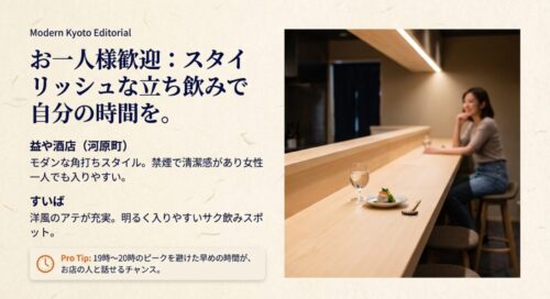 清潔感のあるモダンなカウンター席で、女性が一人で日本酒を楽しんでいる様子。