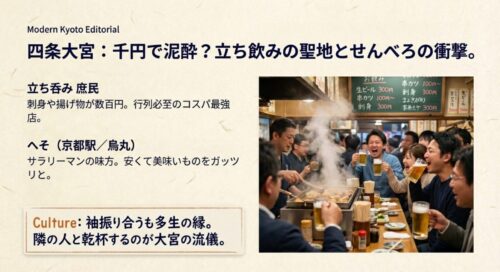 活気あふれる店内で乾杯する人々と、激安の串カツやビールのメニュー表。