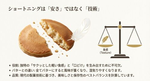 「食感」と「風味」のバランスをとる天秤のイラスト。ショートニングが安さのためではなく、サクッとした食感と口どけを生み出すための技術的な選択であることを示した解説図 。