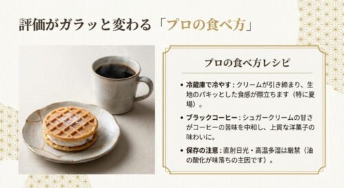 生地をパキッとさせるための「冷蔵庫で冷やす」テクニックや、ブラックコーヒーとのペアリング、酸化を防ぐ保存の注意点をアイコン付きで解説したハウトゥー画像 。