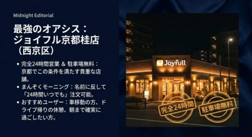 西京区にあるジョイフル京都桂店の詳細情報。完全24時間営業、駐車場無料、いつでも注文可能なモーニングメニューなどのメリットが箇条書きで記されている。