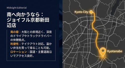 大阪との県境に近いジョイフル京都新田辺店の紹介スライド。深夜のドライブやトラックドライバーの休憩拠点としての利便性や、テイクアウト対応について説明している。