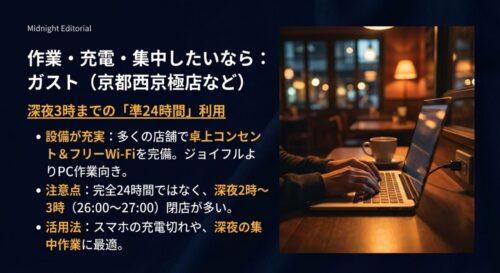 ガスト（京都西京極店など）を作業向けスポットとして紹介するスライド。深夜3時までの営業である点や、卓上コンセントとWi-Fiが完備されているメリットを解説している。