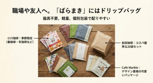 小川珈琲の季節限定品、前田珈琲の20袋セット、Cafe Marbleの可愛いデザインなど、配りやすさに優れたドリップバッグの紹介スライド。