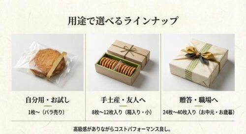 自分用のバラ売りから、手土産用の小箱、お中元・お歳暮用の大箱まで、用途に合わせた千寿せんべいの個数ラインナップ一覧。