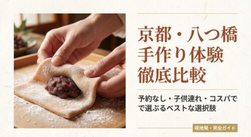 八つ橋の手作り体験中の手元写真と、予約なし・子供連れ・コスパで選ぶ比較ガイドのタイトルスライド