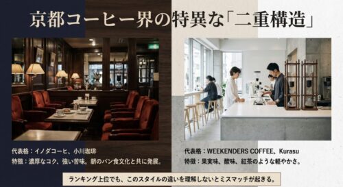 左側は暗めの照明と赤いベルベットの椅子が並ぶ伝統的な喫茶店の内装、右側は明るくコンクリート打ちっぱなしのモダンなコーヒースタンドの内装を比較した画像。