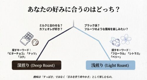 「ミルクと合わせるか」「フルーツのような風味を楽しみたいか」という質問から、深煎り（Deep Roast）または浅煎り（Light Roast）へ分岐し、それぞれの味のキーワードを示したフローチャート。