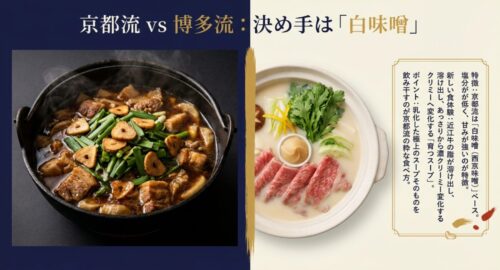 グツグツと煮込まれた美味しそうなもつ鍋の写真。京都流は白味噌ベースで塩分が低く、近江牛の脂が溶け出してクリーミーに変化する「育つスープ」が特徴であるという解説。