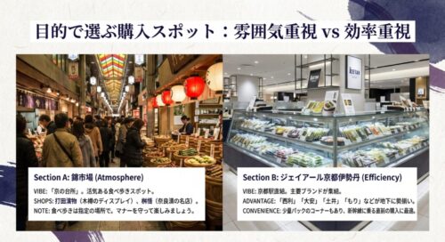 京都での漬物購入スポットの比較マップ。雰囲気重視なら食べ歩きができる「錦市場」、効率重視なら主要ブランドが集結する「ジェイアール京都伊勢丹」という選び方を提案。