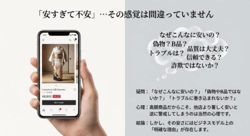 「なぜこんなに安いの?」「偽物?B品?」「詐欺ではないか?」といった、高額商品が著しく安いことに対する警戒や疑問をまとめたスライド