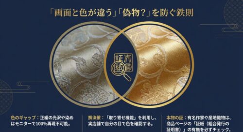 モニターによる色のギャップを実店舗の「取り寄せ機能」で解決する方法と、本物の証である「証紙」のチェックを推奨するスライド