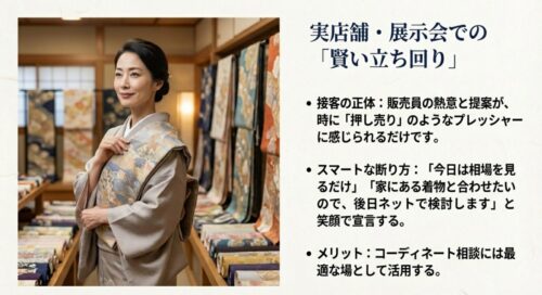 販売員の熱意が時に押し売りに感じられる接客の正体と、「後日ネットで検討します」といったスマートな断り方を解説したスライド