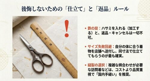 ハサミを入れると返品・キャンセル不可になる鉄の掟や、自分の着物を送付してサイズ失敗を回避する方法をまとめたスライド