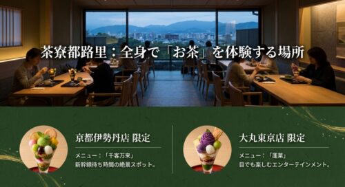 茶寮都路里の京都伊勢丹店限定メニュー「千客万来」と大丸東京店限定メニュー「蓬莱」の抹茶パフェの画像