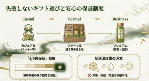 カジュアルからプレミアムまでのギフト選びの目安と、賞味期限の残り期間を保証する1/5残保証制度についての説明