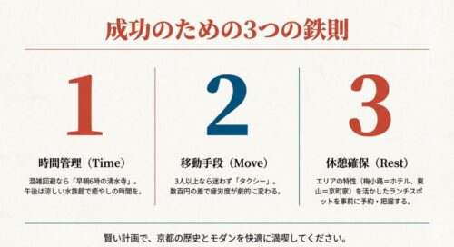 京都観光成功のための鉄則として、時間管理、タクシーの活用、エリア特性を活かした休憩確保の3点をまとめたスライド画像 。