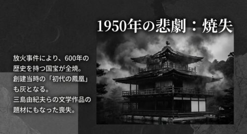 1950年の放火事件により、600年の歴史を持つ国宝と初代の鳳凰が全焼した悲劇を伝えるスライド画像