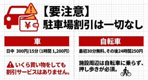 【要注意】駐車場割引は一切なし 。いくら買い物をしても割引サービスはありません 。
