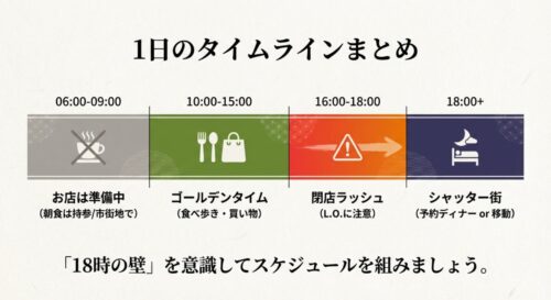 1日のタイムラインとして、早朝の準備中、10時から15時のゴールデンタイム、16時からの閉店ラッシュ、18時以降のシャッター街という4つの時間帯をまとめた表 。