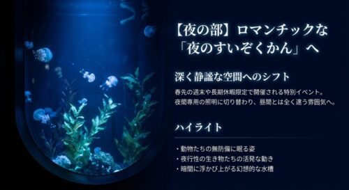 夜間専用の照明に切り替わった幻想的な水槽や、夜行性の生き物の動きなど、期間限定イベント「夜のすいぞくかん」のハイライトをまとめたスライド画像。
