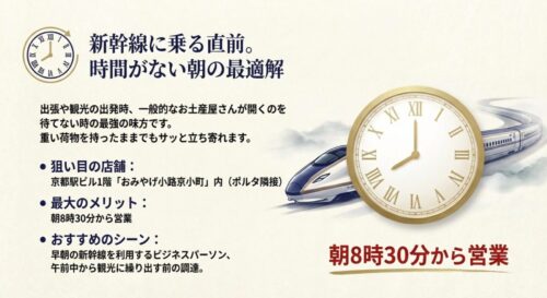 新幹線に乗る直前など、朝8時30分から営業している京都駅ビル1階「おみやげ小路京小町」内の店舗を紹介するスライド