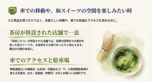 茶房が併設された店舗での一息や、車でのアクセスと駐車場に便利な店舗について解説したスライド