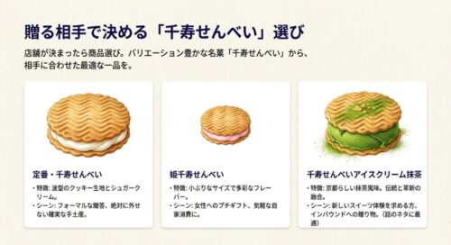  定番・千寿せんべい、姫千寿せんべい、千寿せんべいアイスクリーム抹茶の特徴とおすすめのシーンをまとめたスライド 