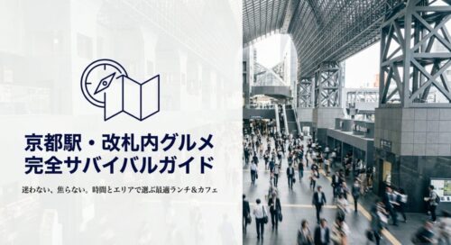 京都駅・改札内グルメ 完全サバイバルガイドのタイトルスライド。迷わない、焦らない、時間とエリアで選ぶ最適ランチ&カフェというサブタイトルが記載されています 。
