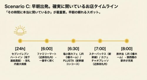 早朝出発時に確実に開いているお店をタイムライン形式で紹介。24時間営業のセブンイレブン、6時オープンのファミリーマート、6時30分オープンの塩小路カフェやPLUSTAなどが記載されています 。