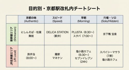 目的別・京都駅改札内チートシート。京都の味、スピード、早朝、穴場・ソロの目的別に、新幹線エリアとJR在来線エリアのおすすめ店舗をマトリクス表でまとめています 。