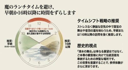 11時から14時のピークを避け、早朝か16時以降を推奨する時計の図解