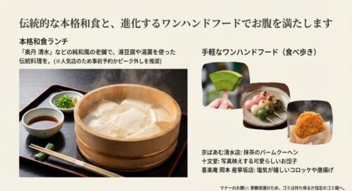 湯豆腐などの本格和食ランチと、お団子やコロッケなどのワンハンドフードの写真