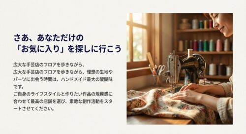 窓辺で笑顔でミシンを踏む女性の写真 。「さあ、あなただけの『お気に入り』を探しに行こう」というメッセージが添えられています 。